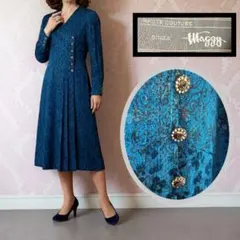 【銀座マギー♡高級ライン】ヴィンテージ　ワンピース　 ジャガード織り　ブルー