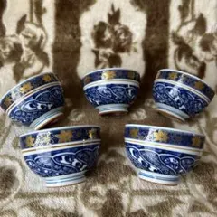 光 湯呑み5客セット　ブルーと金彩