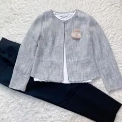 ツイードノーカラージャケット ブラウス パンツ コサージュ セット