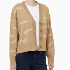 【美品】calvinkleinjeansロゴクロップカーディガンSキャメル