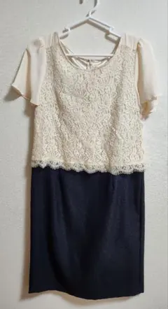 ネイビー　レースシフォン　ツイード　ワンピース　フォーマル