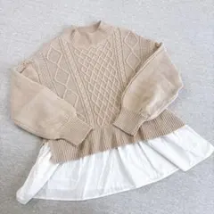 DRESKIP 拼接高領麻花針織衫 M號 米色 WORLD