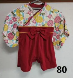 80cm 花柄着物スタイル　赤色ロンパース