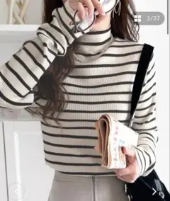 袖W配色×ハイネックリブニットトップス クラシカルエルフ アイボリーボーダー