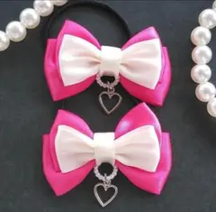 (143) ダブルサテンリボン ヘアゴム♡ ハンドメイド Dピンク