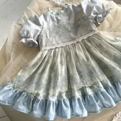 ハンドメイド縦花柄 綿レースフリル襟 裾ペチコート風 エプロン 