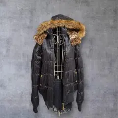 ファー付ダウン 黒 フーディ レオパード y2k archive 平成