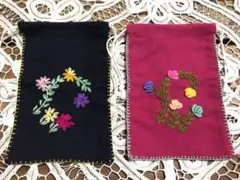 ２点セット★ハンドメイドお花刺繍の巾着ポーチ手作りコスメポーチ小物入タバコポーチ