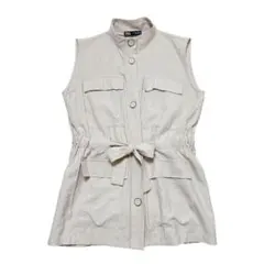ZARA　ジレ　ベージュ S相当ノースリーブベスト ミリタリー ウエストリボン