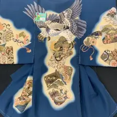 新品正絹産着祝着京友禅伝統工芸、ボカシ、本金、刺繍入り特選大鷹と祝色紙古典文