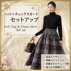 セットアップ 着痩せ ハイネック リブニット プリーツスカート モノトーン