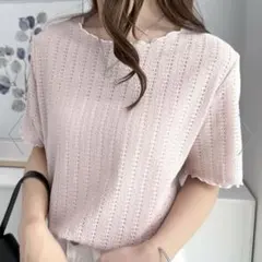 【未使用・美品】Ranan ラナン　透かし柄メロー配色Tシャツ　ピンクのサムネイル