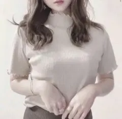 GU★リブメローコンパクトT(半袖)☆BEIGE★M☆フリル★カットソー