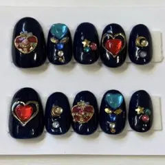ネイルチップ　コンパクト　ゆめかわ　キラキラ　ハンドメイド　魔法少女　ネイビー