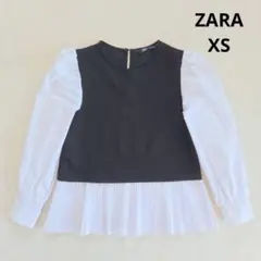 ザラ　ZARA プリーツコントラストトップス　XS 裾プリーツ プルオーバー