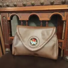 プチポワン♥ブラウン クラッチバッグ♥ 花柄刺繍♥革バッグ♥薔薇