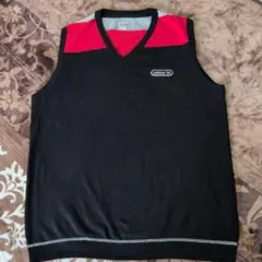 adidas メンズVネックニットベスト Lサイズ 黒/赤/グレー