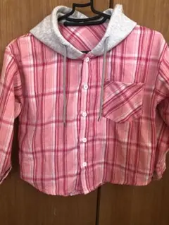 フード付きチェックシャツ 120cmピンク系