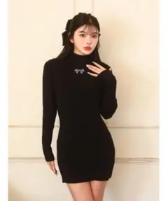 リボンビジュー付き リブニット ミニワンピース ブラック