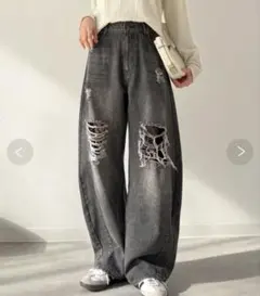 レース付きダメージデニムカーブパンツ　ブラック　Lサイズのサムネイル