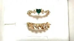 スワロフスキー 使用 エメラルド カラー ハート リング リーフ リング セット