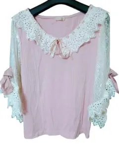 axes femme　リボンレース袖カットプルオーバー　ポエティック　ピンク