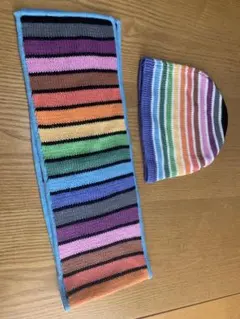 カラフルストライプ ニットマフラーと帽子セット子供用