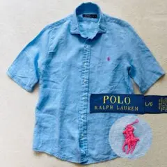 【人気✨リネン100%】ポロラルフローレン 半袖シャツ ピンク刺繍ロゴ Lサイズ