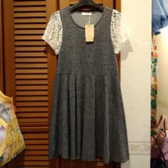 新品タグ付きグレー 半袖レース付き ミニワンピース