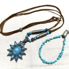 青い天然石の星形ペンダントネックレスとブレスレットセット