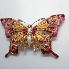 蝶 大 ブローチ ハンドメイド ラインストーン マルチ カラーレッド