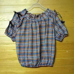 チェック柄肩リボンオフショルダーブラウス