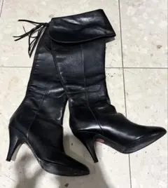 黒レザー ロングブーツ 高ヒール ポインテッドトゥ