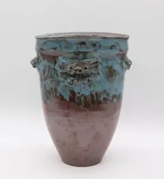大型】現代伊賀焼風 耳付花入 花瓶 作家物 織部・辰砂流し 庵地・石爆