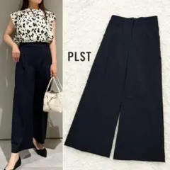 未使用 PLST リネンブレンド ワイドパンツ L プラステ ストレッチ 麻 紺
