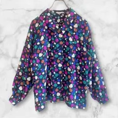 日本製総柄デザインシャツブラウス水玉ドット柄レトロポップネイビーヴィンテージ古着