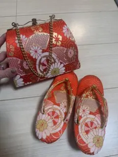 送料込 七五三 七歳 赤い花柄の下駄とバッグセット
