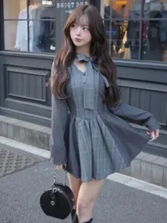 新品 Darich ダーリッチ　チェックストライプバルーンミニワンピース