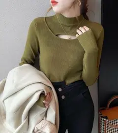 グリーン ニット フロント デザイン 長袖 レディース