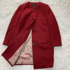 トゥモローランドコレクション ウール ノーカラーロングコート 赤 40
