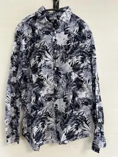 H&M エイチアンドエム 長袖 総柄シャツ ボタニカル リーフ柄 ネイビー Mのサムネイル