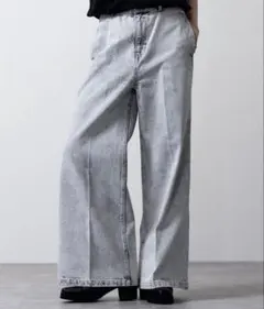 【CLEL】ヴィンテージデザイン フレアデニムパンツ グレーホワイト