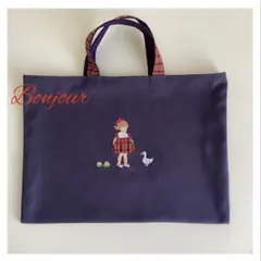 女の子とアヒル＆お花のアップリケ刺繍つきトート・レッスンバッグ