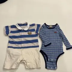 petit main 青と白のストライプロンパース 80cm