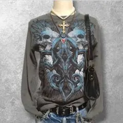 平成ギャルY2Kお兄系悪羅悪羅スカル羽根ワッフルロンTグレー00sロック長袖古着