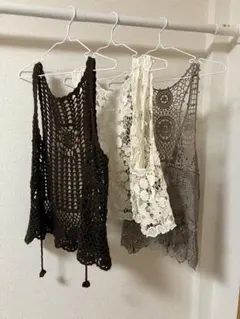 ブラウン系 vintage かぎ針編みベスト 3点まとめ売り