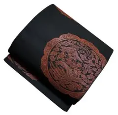 ユ172六通柄袋帯　花鳥丸文　黑地 正絹 着物帯　仕立て上り美品