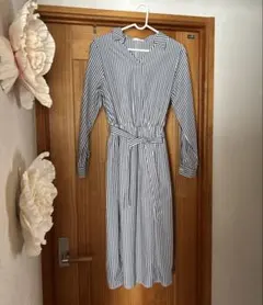 ワンピース　シャツワンピース　ストライプ　紐付き　リボン