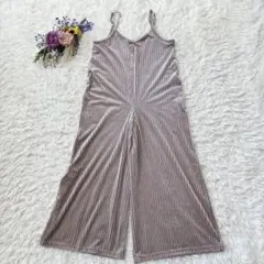 美品＊ストライプベロア　オールインワン　サロペット　ワイドパンツ　グレージュ