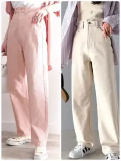 ゆったりハイウエストワイドストレート無地デニム＆チノパンツ　2点　L XL